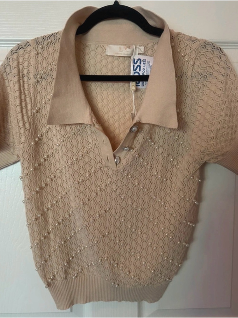 Pearl-Embellished Beige Knit Polo Top